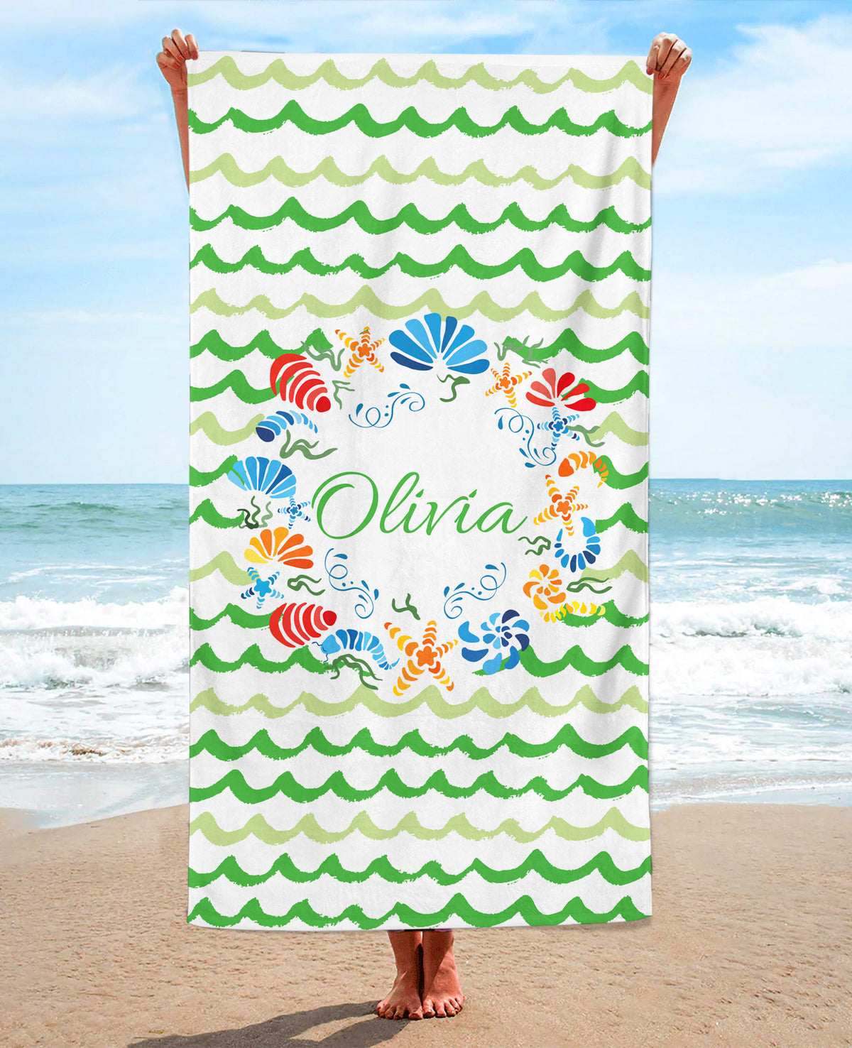 Personalized Seashell Wreath Beach Towel, Green Standart Beach Towel, Green Premium Beach Towel