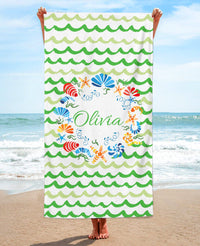 Personalized Seashell Wreath Beach Towel, Green Standart Beach Towel, Green Premium Beach Towel