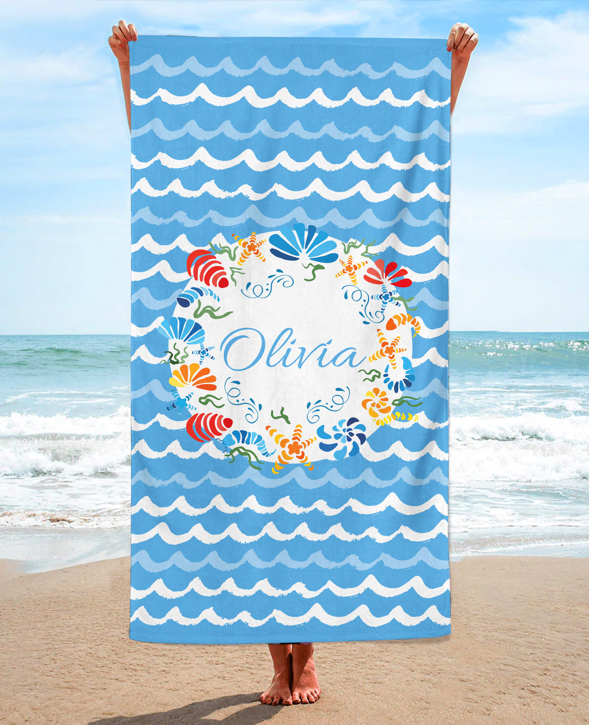 Personalized Seashell Wreath Beach Towel, Lagoon Standart Beach Towel, Lagoon Premium Beach Towel