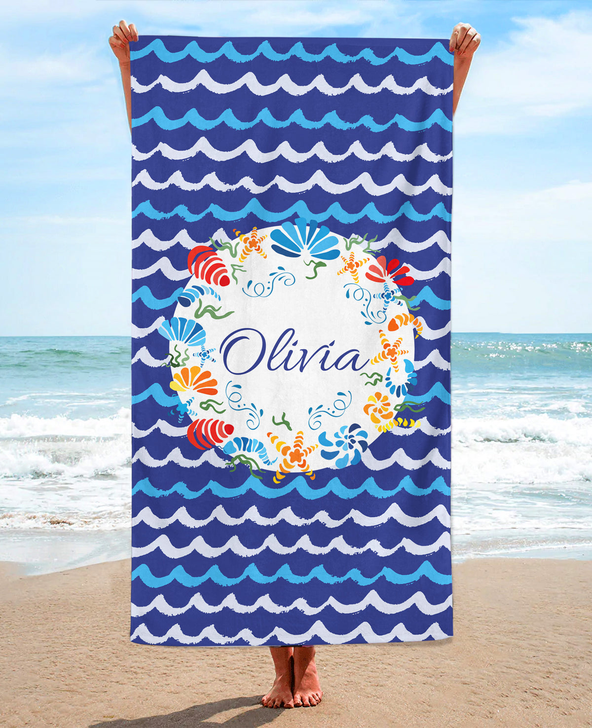 Personalized Seashell Wreath Beach Towel, Navy Standart Beach Towel, Navy Premium Beach Towel