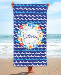 Personalized Seashell Wreath Beach Towel, Navy Standart Beach Towel, Navy Premium Beach Towel