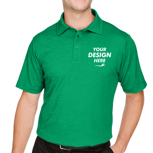 Devon & Jones Men's CrownLux Performance® Address Mélange Polo, Kelly Green Heather, Front view, Mockup