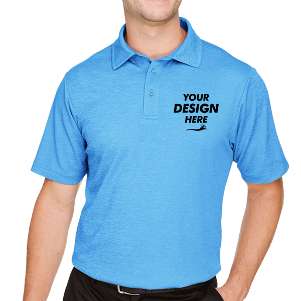 Devon & Jones Men's CrownLux Performance® Address Mélange Polo, Ocean Blue Heather, Front view, Mockup