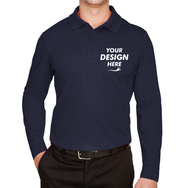 Devon & Jones Men's CrownLux Performance® Plaited Long Sleeve Polo, Navy, Front view, Mockup