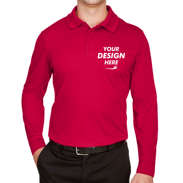 Devon & Jones Men's CrownLux Performance® Plaited Long Sleeve Polo, Red, Front view, Mockup