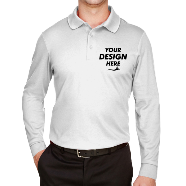 Devon & Jones Men's CrownLux Performance® Plaited Long Sleeve Polo, White, Front view, Mockup