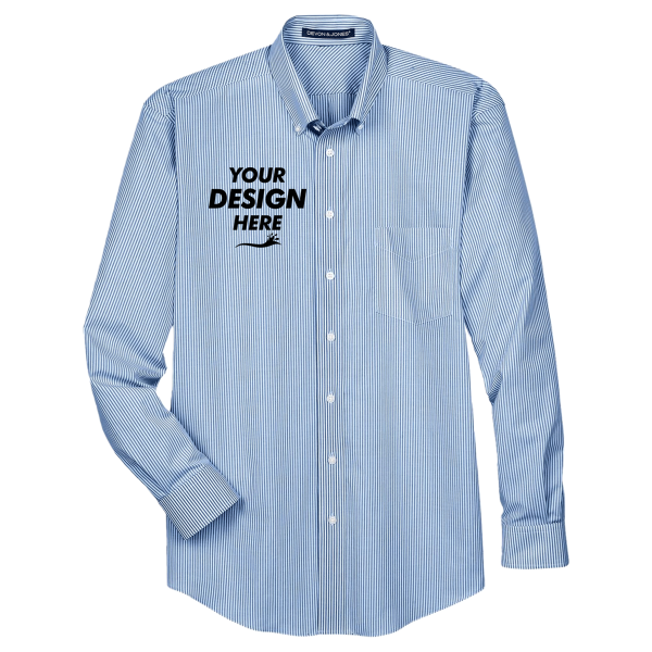 Devon & Jones Men's Crown Collection® Banker Stripe Woven Dress Shirt, French Blue, Front view, Mockup