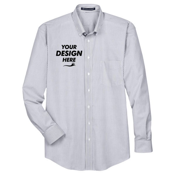 Devon & Jones Men's Crown Collection® Banker Stripe Woven Dress Shirt, Navy, Front view, Mockup