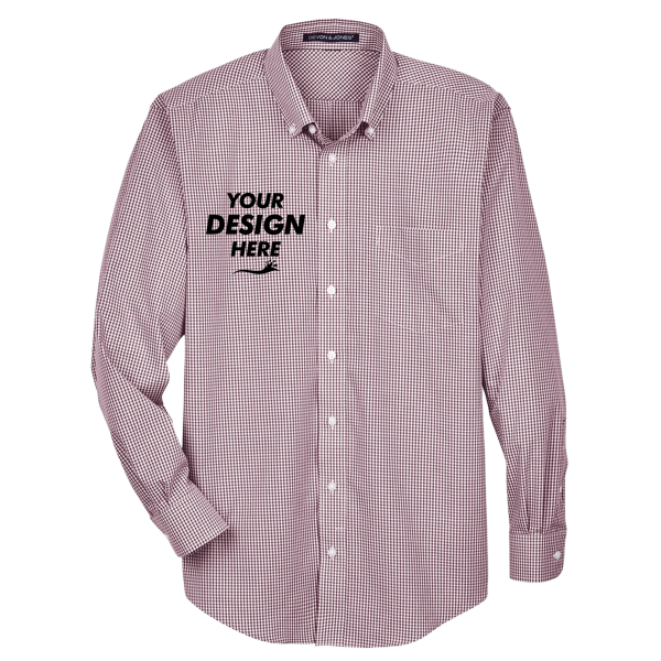 Devon & Jones Men's Crown Collection® Gingham Check Woven Dress Shirt, Burgundy, Front view, Mockup
