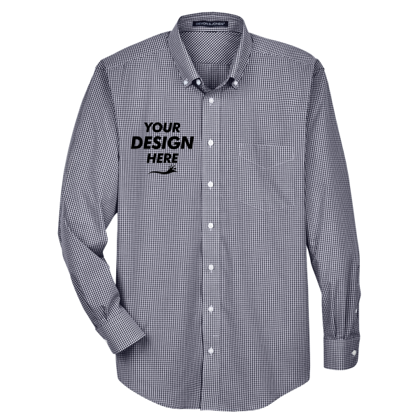 Devon & Jones Men's Crown Collection® Gingham Check Woven Dress Shirt, Navy, Front view, Mockup