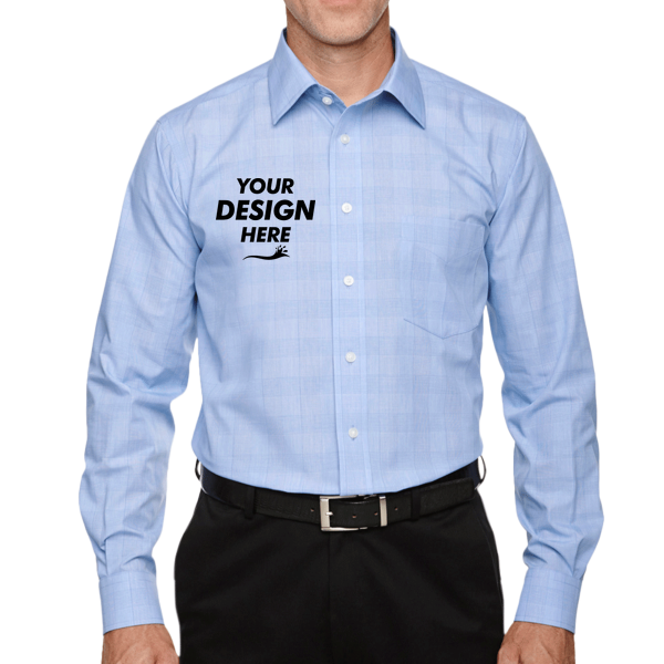 Devon & Jones Men's Crown Collection® Glen Plaid Woven Dress Shirt, White / Light French Blue / Light French Blue, Front view, Mockup