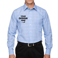 Devon & Jones Men's Crown Collection® Glen Plaid Woven Dress Shirt, White / Light French Blue / Light French Blue, Front view, Mockup