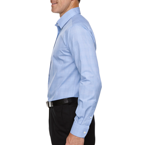 Devon & Jones Men's Crown Collection® Glen Plaid Woven Dress Shirt, White / Light French Blue / Light French Blue, Left Sleeve view
