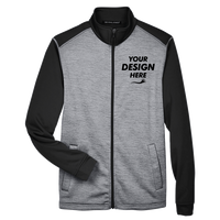 Devon & Jones Men's Newbury Colorblock Mélange Fleece Full-Zip jacket, Black Heather / Dark Grey Heather, Front view, Mockup