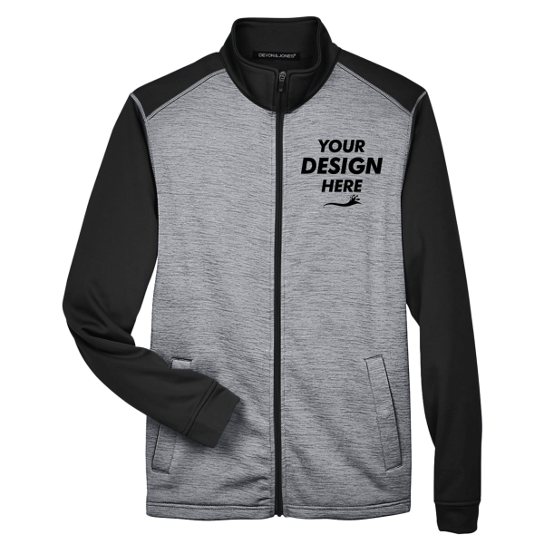 Devon & Jones Men's Newbury Colorblock Mélange Fleece Full-Zip jacket, Black Heather / Dark Grey Heather, Front view, Mockup