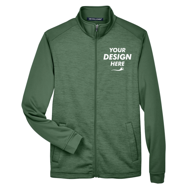 Devon & Jones Men's Newbury Colorblock Mélange Fleece Full-Zip jacket, Forest / Forest Heather, Front view, Mockup