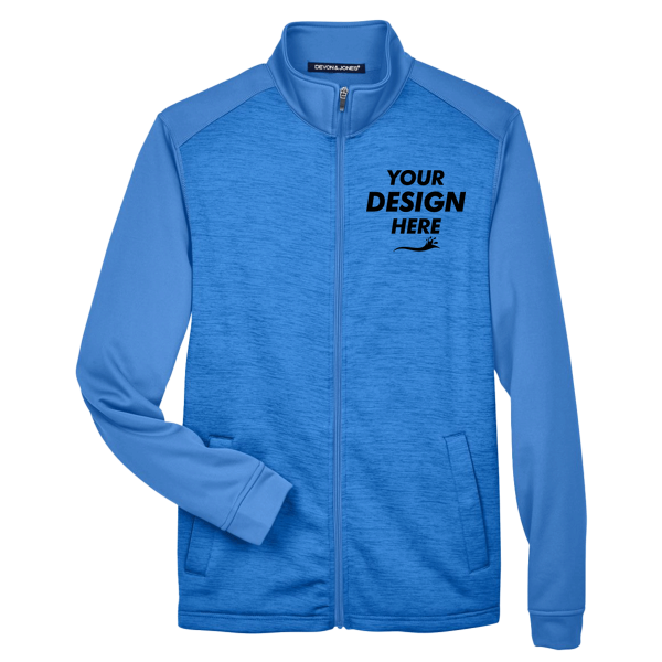 Devon & Jones Men's Newbury Colorblock Mélange Fleece Full-Zip jacket, French Blue / French Blue Heather, Front view, Mockup