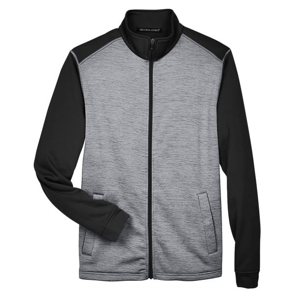 Devon & Jones Men's Newbury Colorblock Mélange Fleece Full-Zip jacket, Black Heather / Dark Grey Heather, Front view