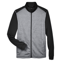 Devon & Jones Men's Newbury Colorblock Mélange Fleece Full-Zip jacket, Black Heather / Dark Grey Heather, Front view