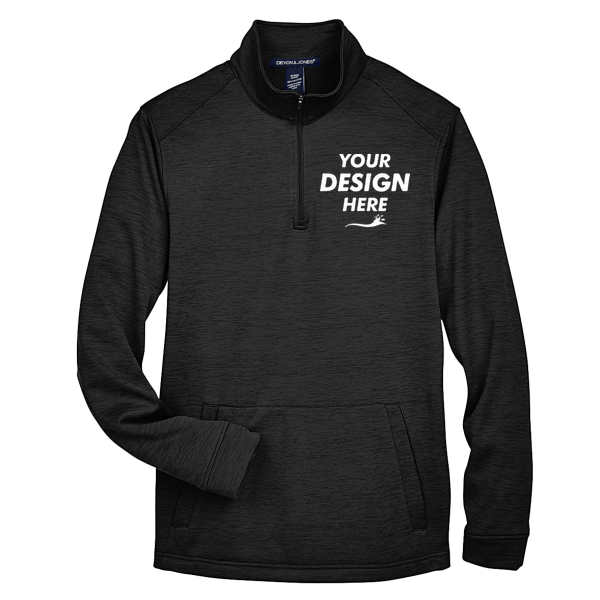 Devon & Jones Men's Newbury Mélange Fleece Quarter-Zip Pullover, Black Heather, Front view, Mockup