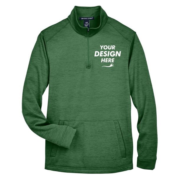 Devon & Jones Men's Newbury Mélange Fleece Quarter-Zip Pullover, Forest Heather, Front view, Mockup