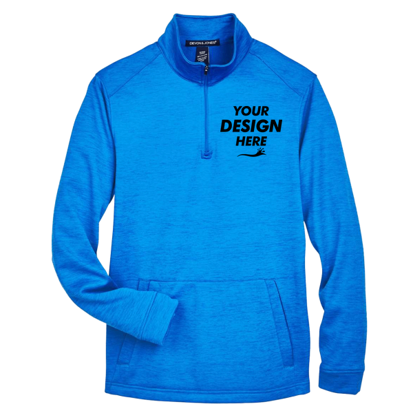 Devon & Jones Men's Newbury Mélange Fleece Quarter-Zip Pullover, French Blue Heather, Front view, Mockup