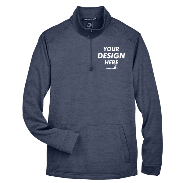 Devon & Jones Men's Newbury Mélange Fleece Quarter-Zip Pullover, Navy Heather, Front view, Mockup