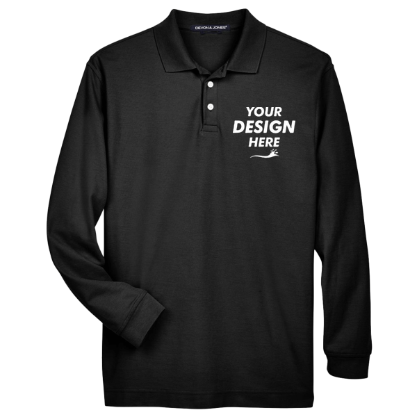 Devon & Jones Men's Pima Piqué Long Sleeve Polo, Black, Front view, Mockup