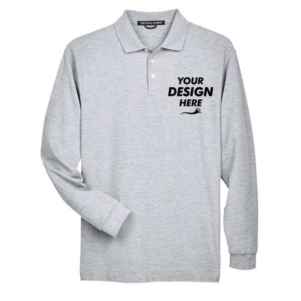 Devon & Jones Men's Pima Piqué Long Sleeve Polo, Grey Heather, Front view, Mockup