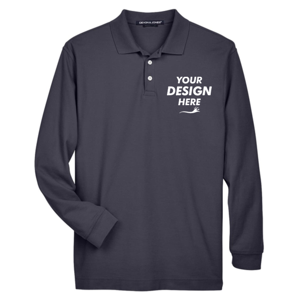 Devon & Jones Men's Pima Piqué Long Sleeve Polo, Navy, Front view, Mockup
