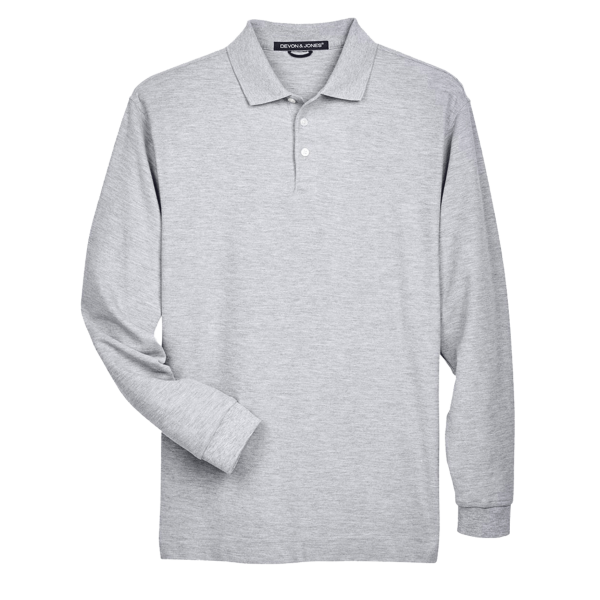 Devon & Jones Men's Pima Piqué Long Sleeve Polo, Grey Heather, Front view