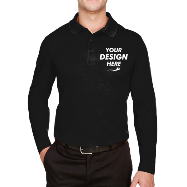 Devon & Jones Men's Tall CrownLux Performance® Plaited Long Sleeve Polo, Black, Front view, Mockup