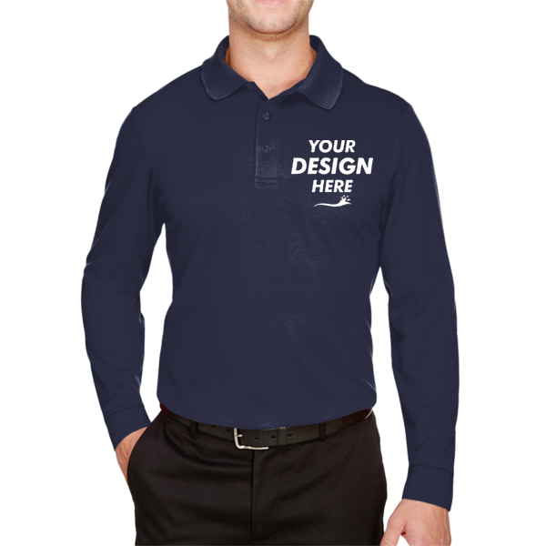 Devon & Jones Men's Tall CrownLux Performance® Plaited Long Sleeve Polo, Navy, Front view, Mockup