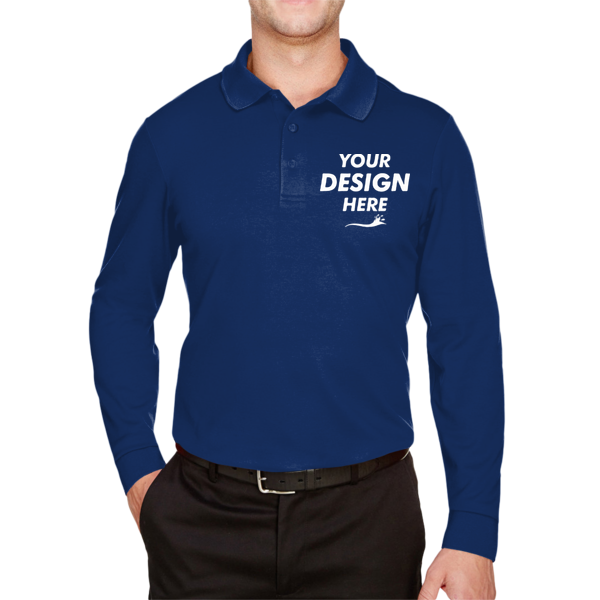 Devon & Jones Men's Tall CrownLux Performance® Plaited Long Sleeve Polo, True Royal, Front view, Mockup
