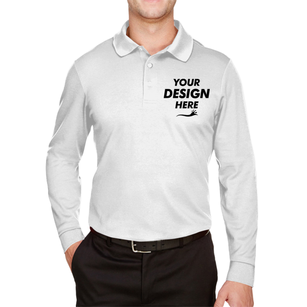 Devon & Jones Men's Tall CrownLux Performance® Plaited Long Sleeve Polo, White, Front view, Mockup