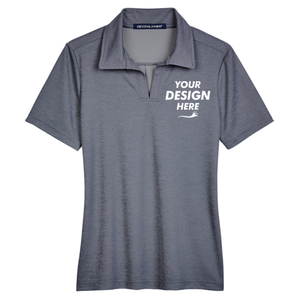 Devon & Jones Women's CrownLux Performance Address Melange Polo, Navy Melange, Front view, Mockup