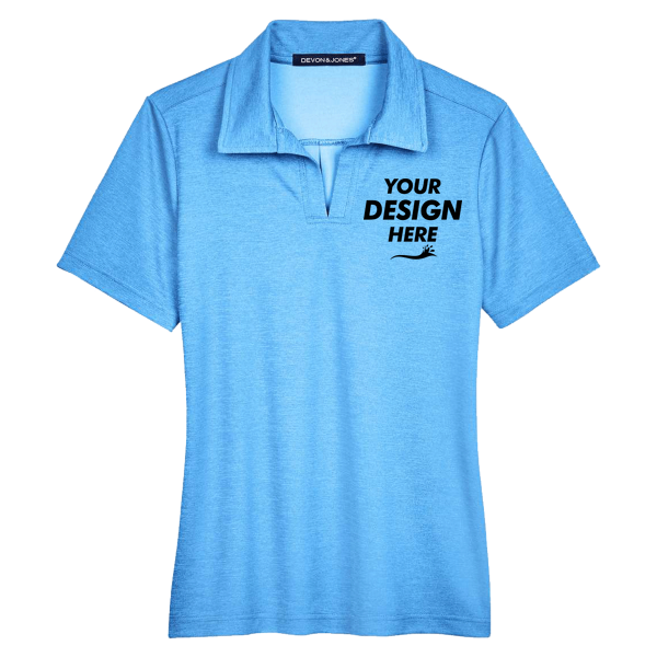 Devon & Jones Women's CrownLux Performance® Address Melange Polo, Ocean Blue Heather, Front view, Mockup