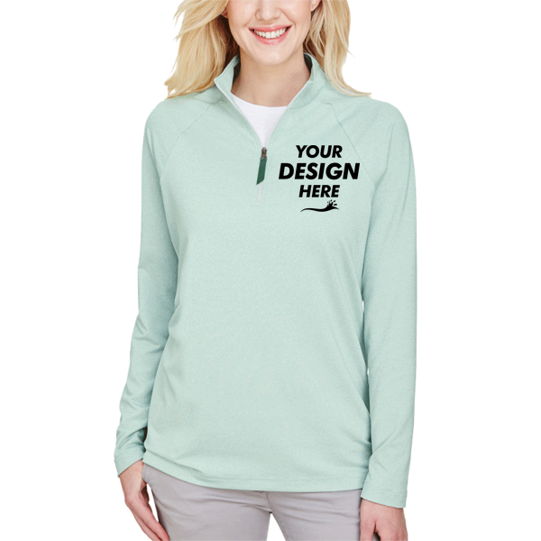 Devon & Jones Women's CrownLux Performance® Clubhouse Micro-Stripe Quarter-Zip Pullover, Kelly Green, Front view, Mockup