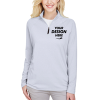 Devon & Jones Women's CrownLux Performance® Clubhouse Micro-Stripe Quarter-Zip Pullover, Navy, Front view, Mockup