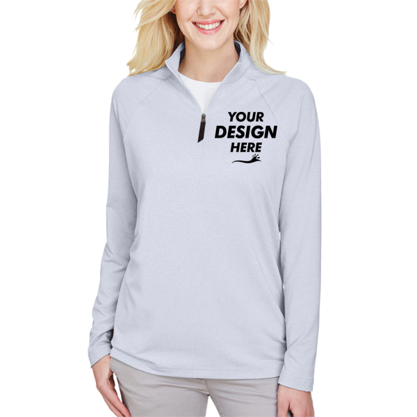 Devon & Jones Women's CrownLux Performance® Clubhouse Micro-Stripe Quarter-Zip Pullover, Navy, Front view, Mockup
