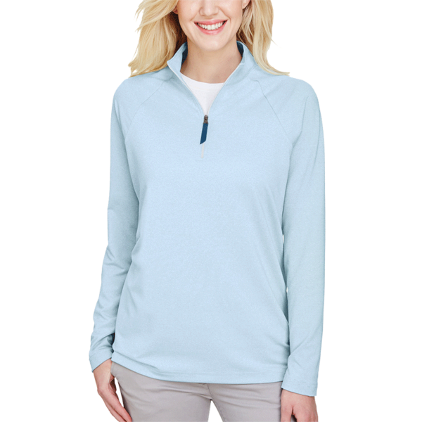 Devon & Jones Women's CrownLux Performance® Clubhouse Micro-Stripe Quarter-Zip Pullover, Ocean Blue, Front view
