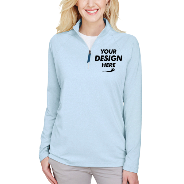 Devon & Jones Women's CrownLux Performance® Clubhouse Micro-Stripe Quarter-Zip Pullover, Ocean Blue, Front view, Mockup