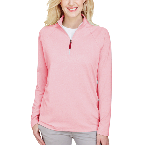 Devon & Jones Women's CrownLux Performance® Clubhouse Micro-Stripe Quarter-Zip Pullover, Red, Front view
