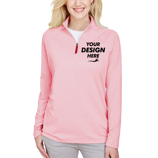 Devon & Jones Women's CrownLux Performance® Clubhouse Micro-Stripe Quarter-Zip Pullover, Red, Front view, Mockup