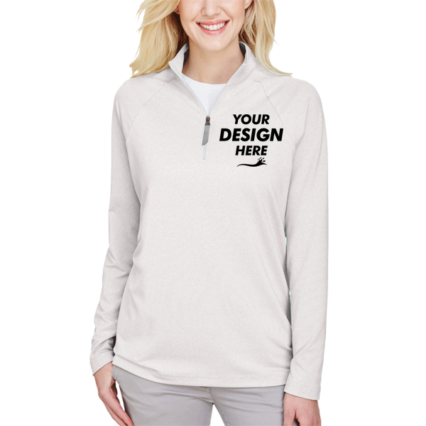 Devon & Jones Women's CrownLux Performance® Clubhouse Micro-Stripe Quarter-Zip Pullover, Silver, Front view, Mockup