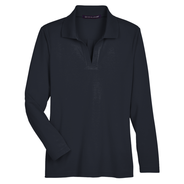 Devon & Jones Women's CrownLux Performance® Plaited Long Sleeve Polo, Black, Front view