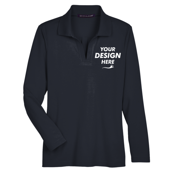 Devon & Jones Women's CrownLux Performance® Plaited Long Sleeve Polo, Black, Front view, Mockup
