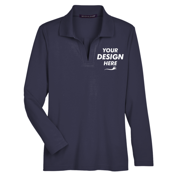 Devon & Jones Women's CrownLux Performance® Plaited Long Sleeve Polo, Navy, Front view, Mockup