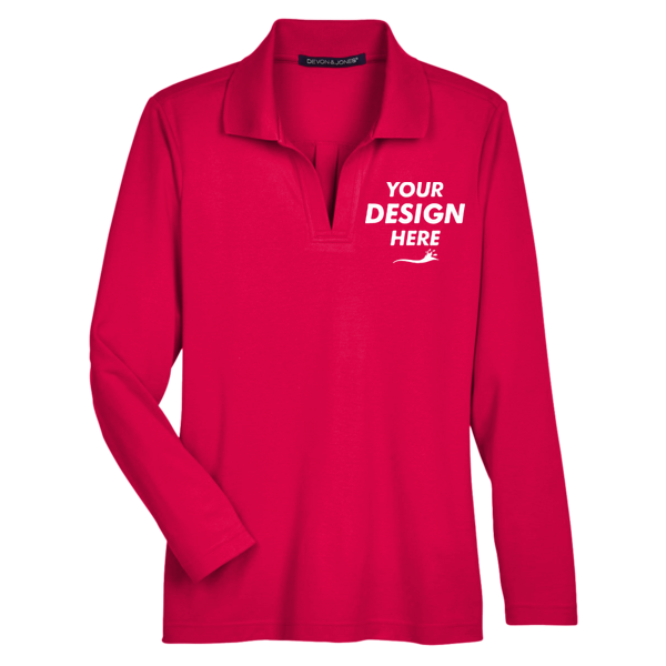 Devon & Jones Women's CrownLux Performance® Plaited Long Sleeve Polo, Red, Front view, Mockup