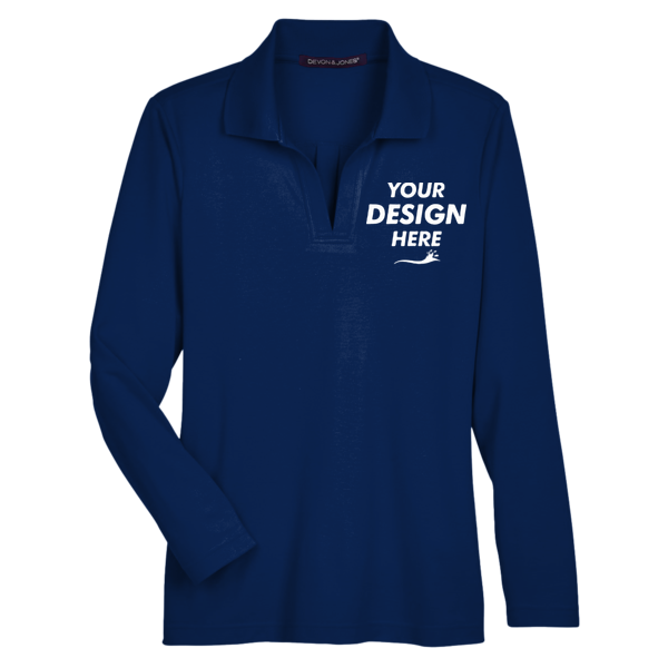 Devon & Jones Women's CrownLux Performance® Plaited Long Sleeve Polo, True Royal, Front view, Mockup